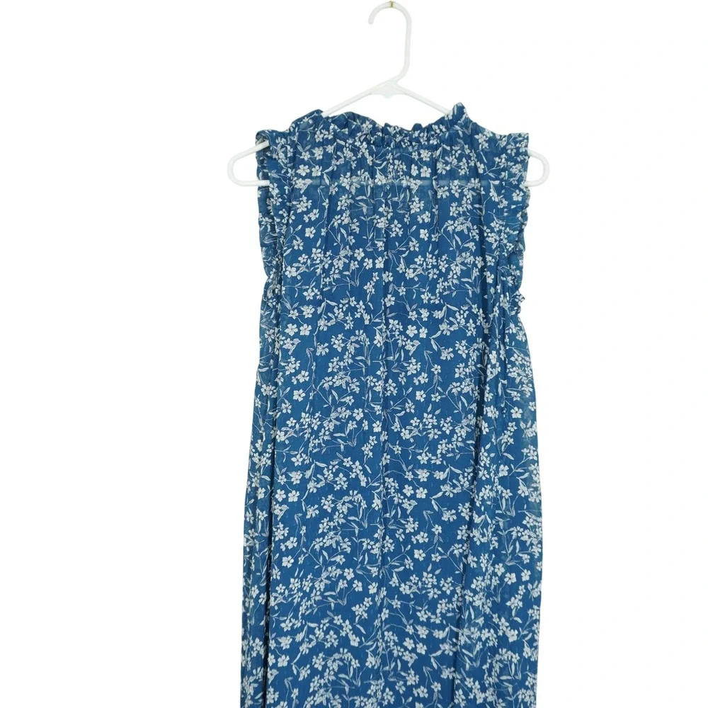 Banana Republic Size 6 TALL Blue Floral Ruffle Neck Midi Dress Sleeveless Flowy